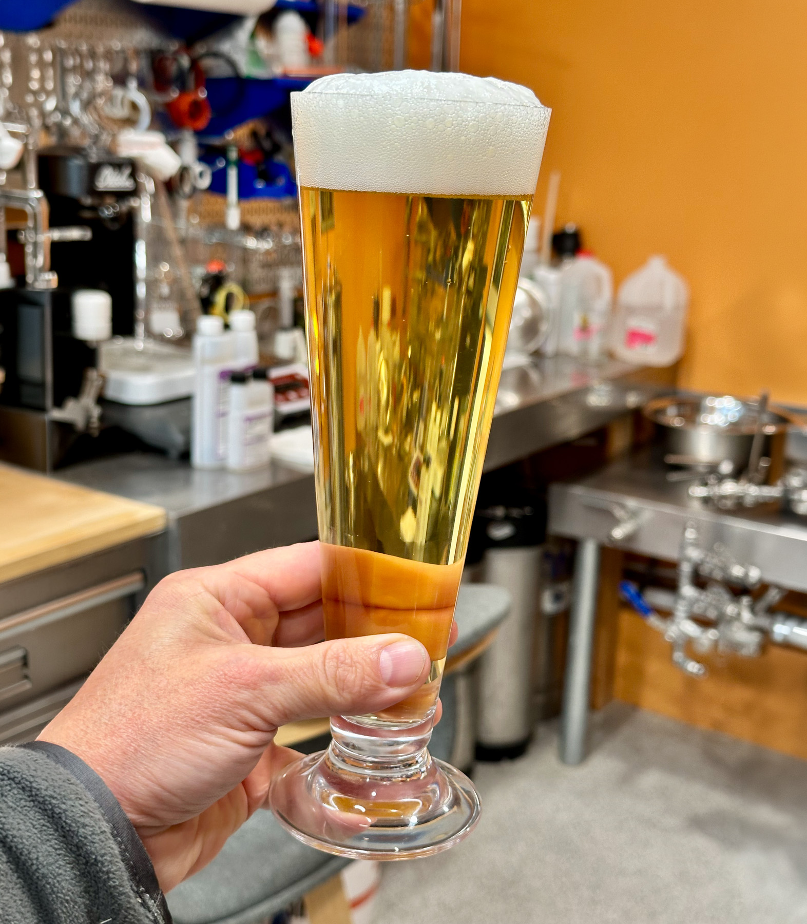 A glass of Polyphonic Pilsner with a thick foam head