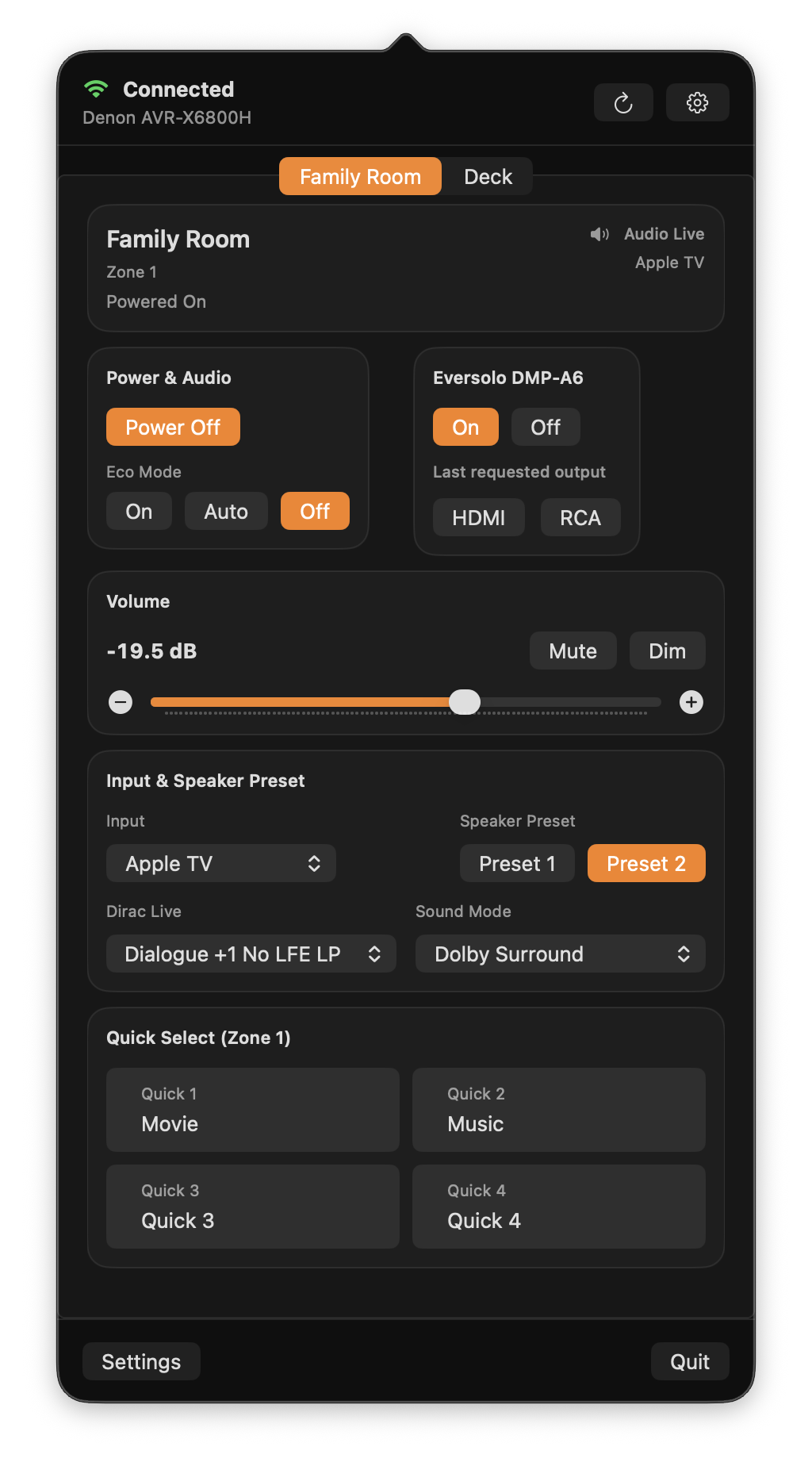 Denon AVR Control desktop app interface