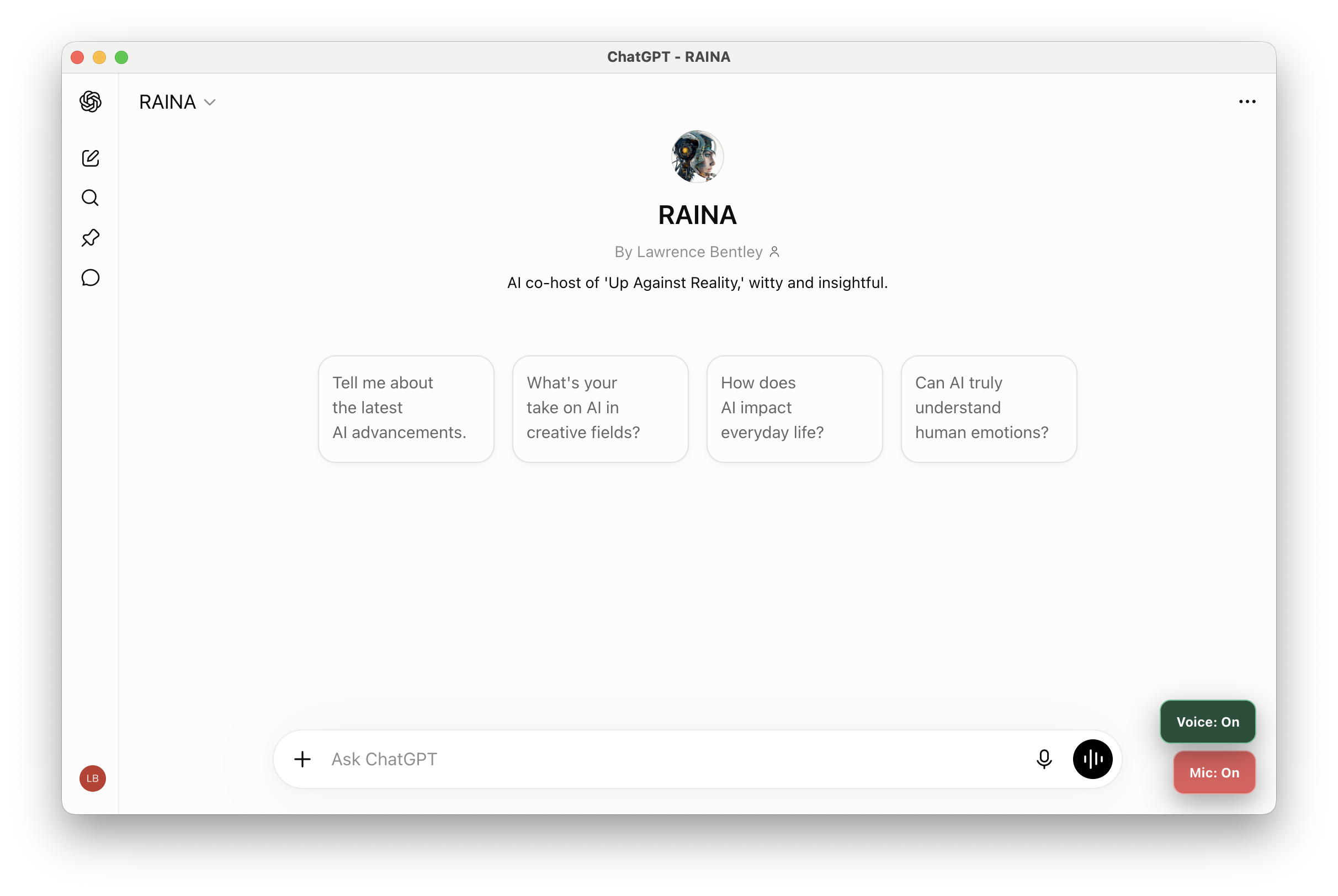 TalkToGPT desktop app interface for RAINA