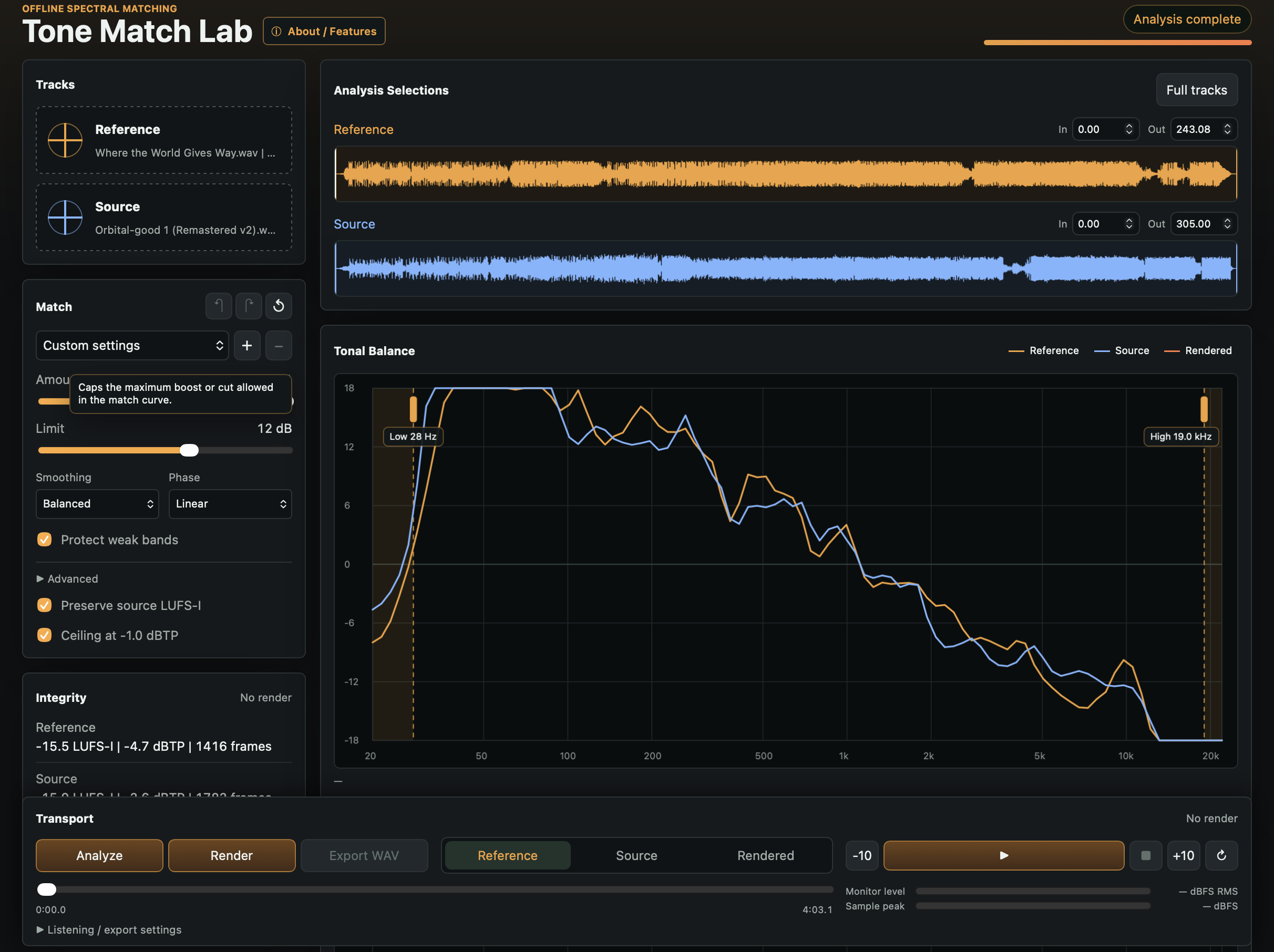 Tone Match Lab analyzing music, with reference and source waveforms, tonal balance curves, FIR controls, and playback transport
