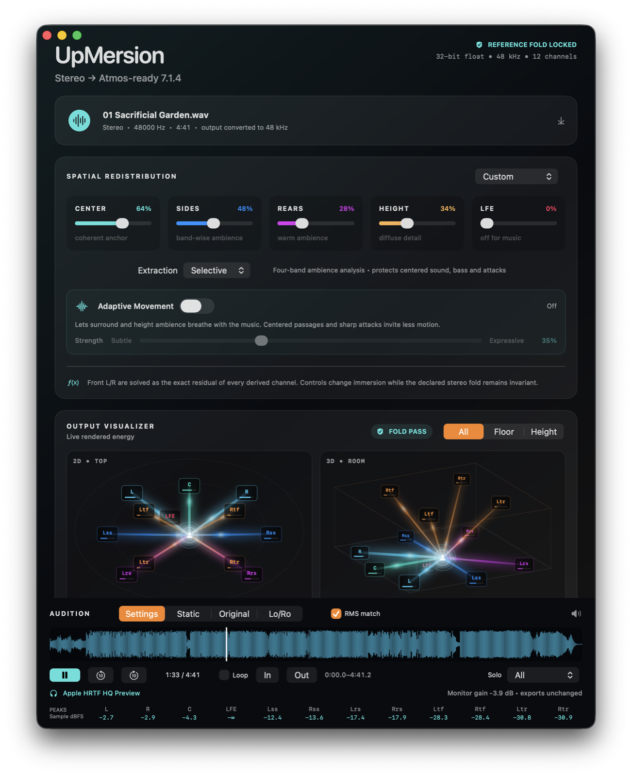 UpMersion 1.7 Mac app showing selective ambience extraction, surround-energy visualizers, waveform playback, and headphone comparison controls