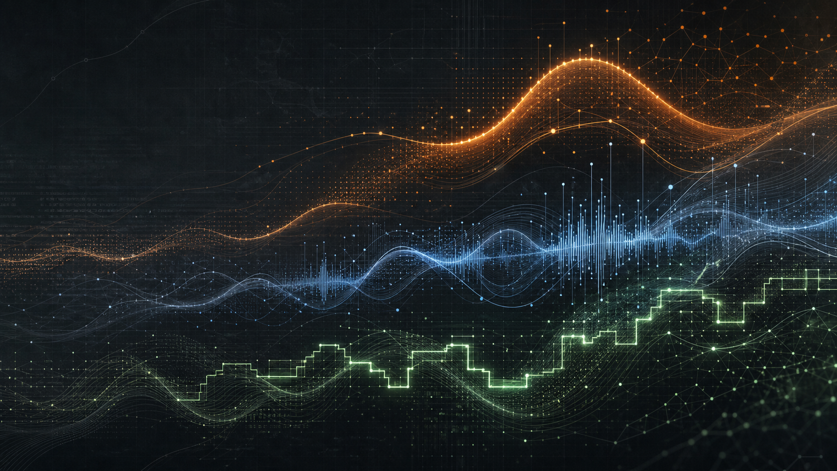 Abstract signal field in amber, blue, and green