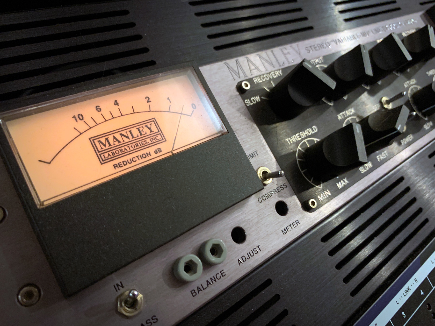 Close-up of the illuminated meter and controls on Lawrence Bentley's Manley Variable Mu compressor