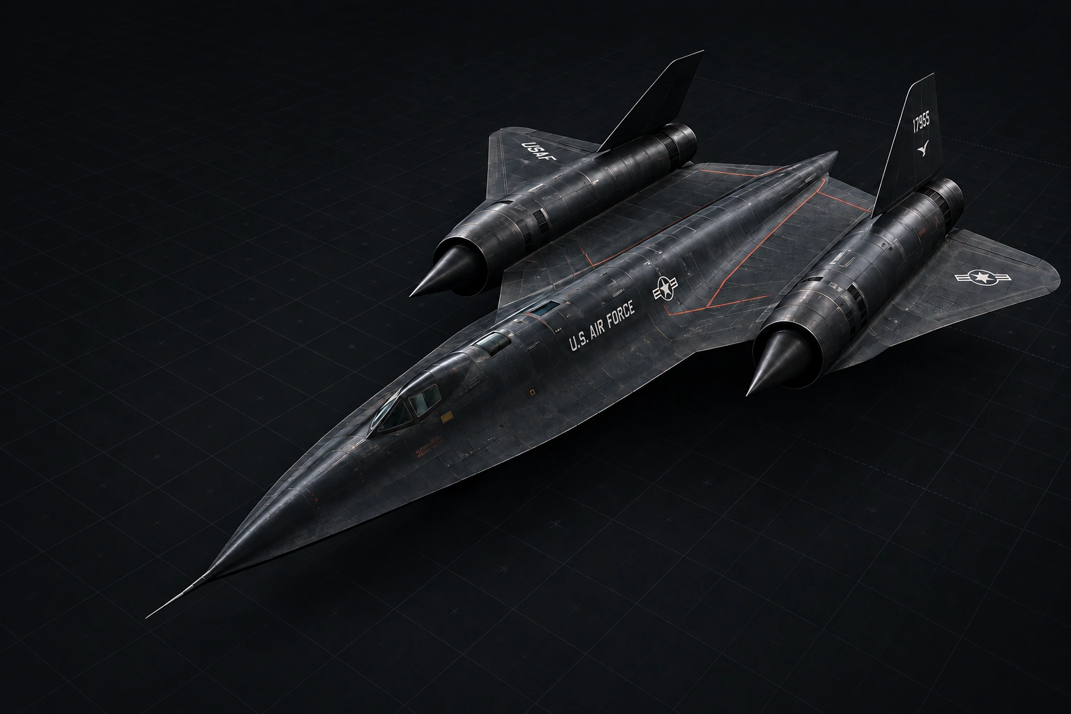 Detailed SR-71 Blackbird illustration with weathered titanium skin and twin engine nacelles
