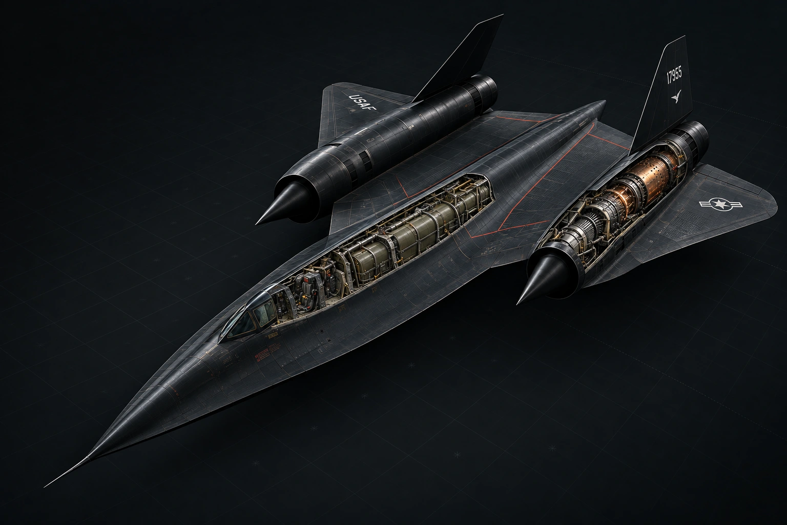 Illustrated airframe cutaway exposing crew positions, fuel tanks, and the near-side J58 engine